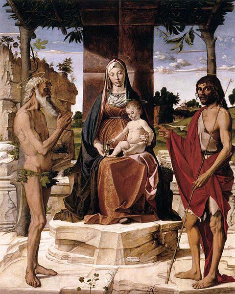 Bartolomeo Montagna Madonna and Child under a Pergola with St John the Baptist and St Onofrius Norge oil painting art